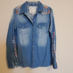 Hand stich blue jean top, stretchy